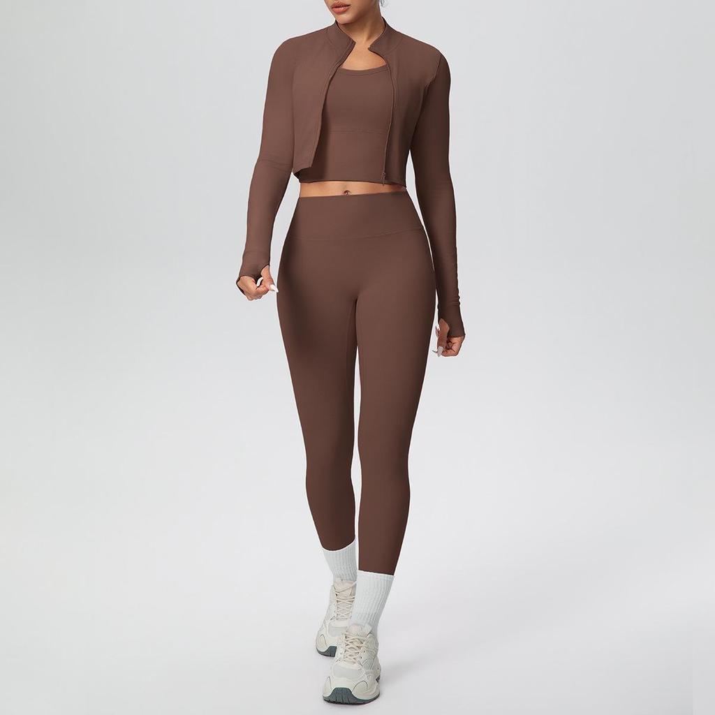 Three-Piece Yoga Set: Cross-Back Sports Tank, Zipper Jacket, High-Waisted Butt Lifting Leggings