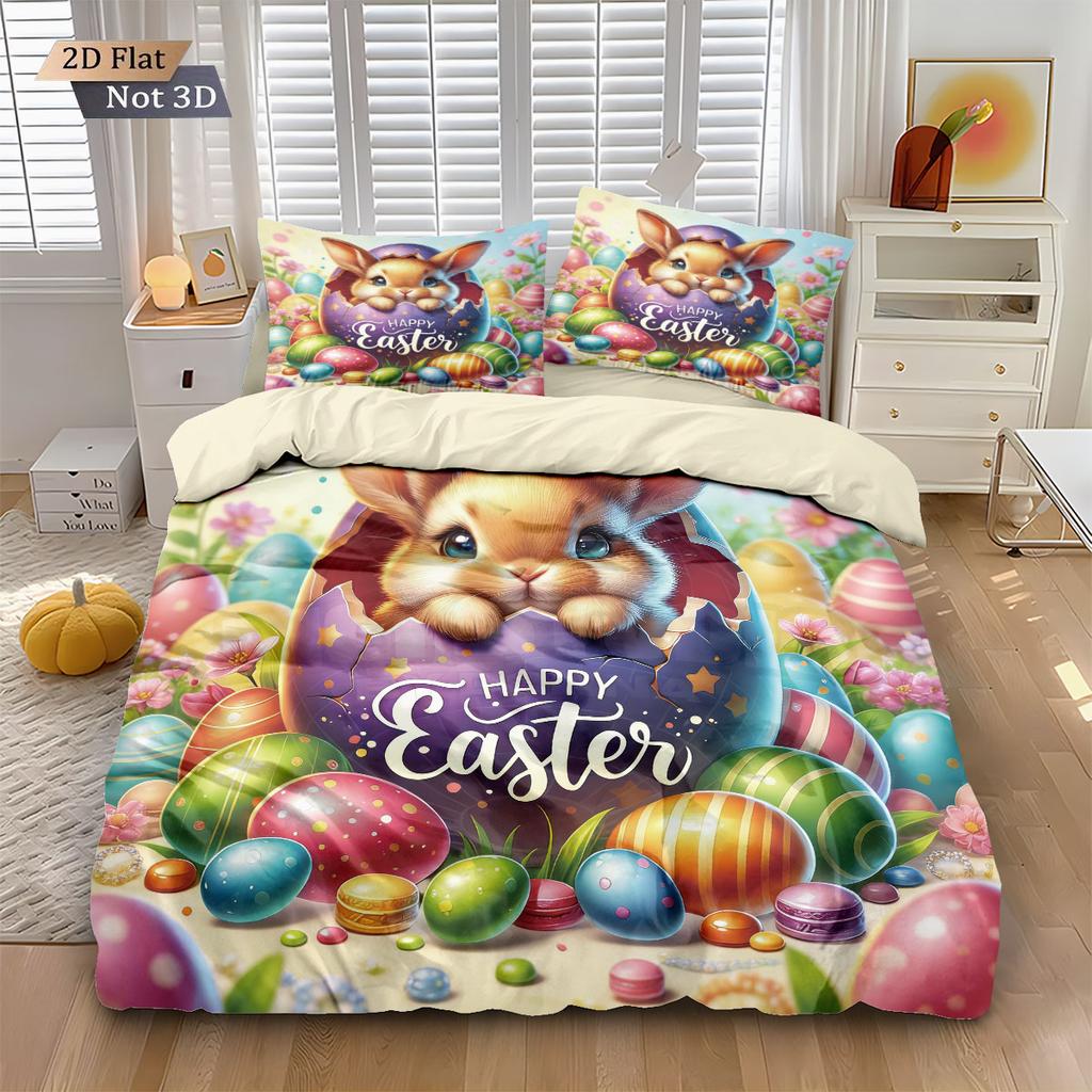 3pcs Easter Cute Rabbit Easter Egg Printed Core Free Down Duvet Cover Set Multi Size Bedding Decoration Machine Washable