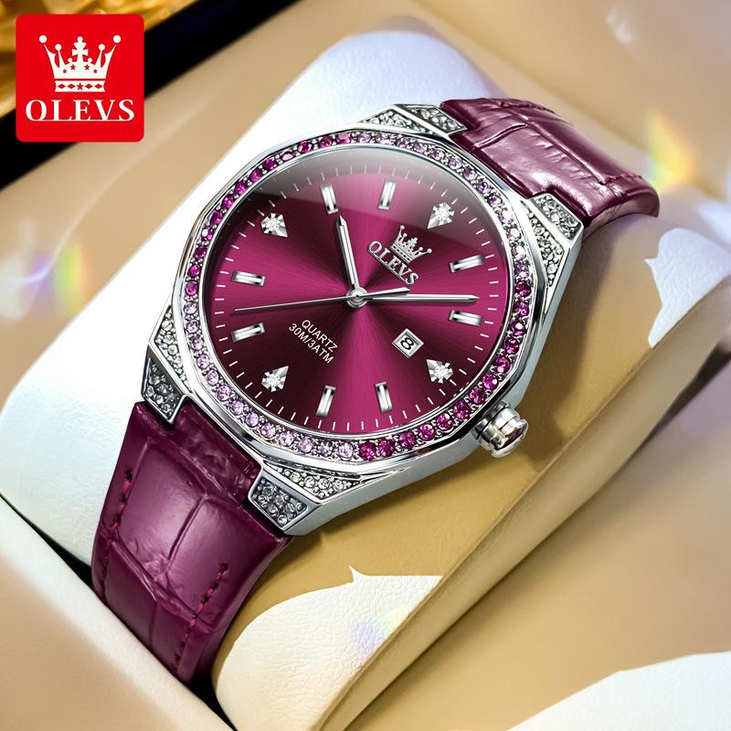 OLEVS Women's Watches Pink Watch Girl for Women Leather Strap Waterproof Full Diamond Bezel Elegant Ladies' Watches