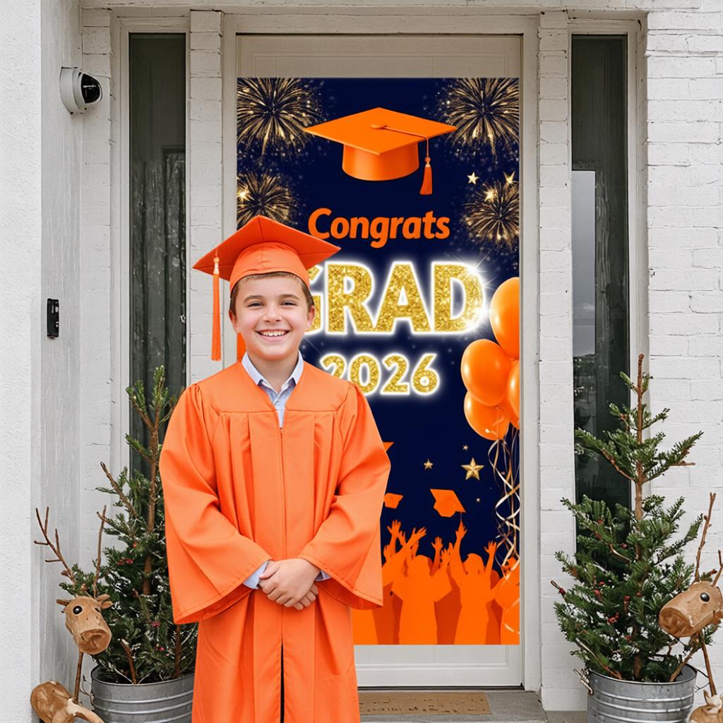 Grad Festive Display Orange Themed Senior Grad Banner 2026 Grad Banner Graduation Party Banner For Graduation Photo Shoot Indoor