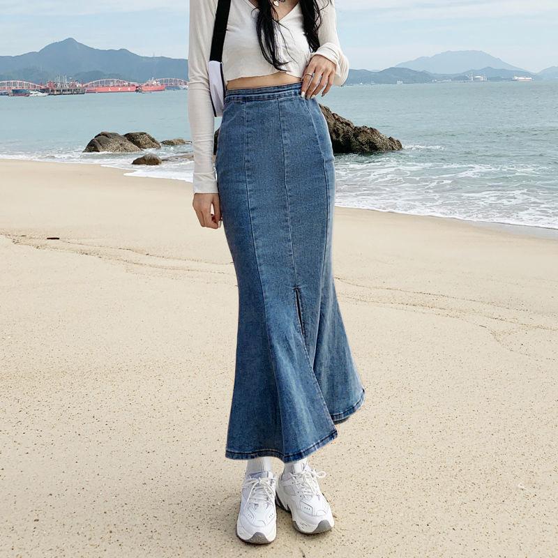 Ruffle Fishtail Skirt Black Slim High-waisted Open Package Hip A-line Elastic Medium-length Female Versatile Comfortable Fashion Denim Bustier Skirt