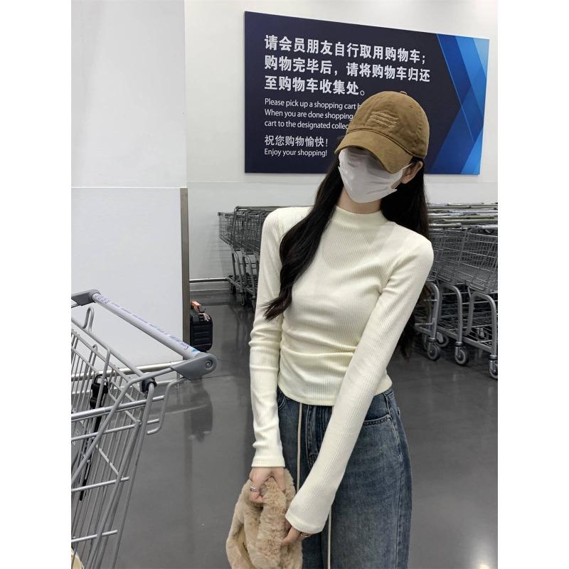 Vintage front shoulder top women's spring design pleated card waist shirt semi-turtleneck inner bottoming shirt