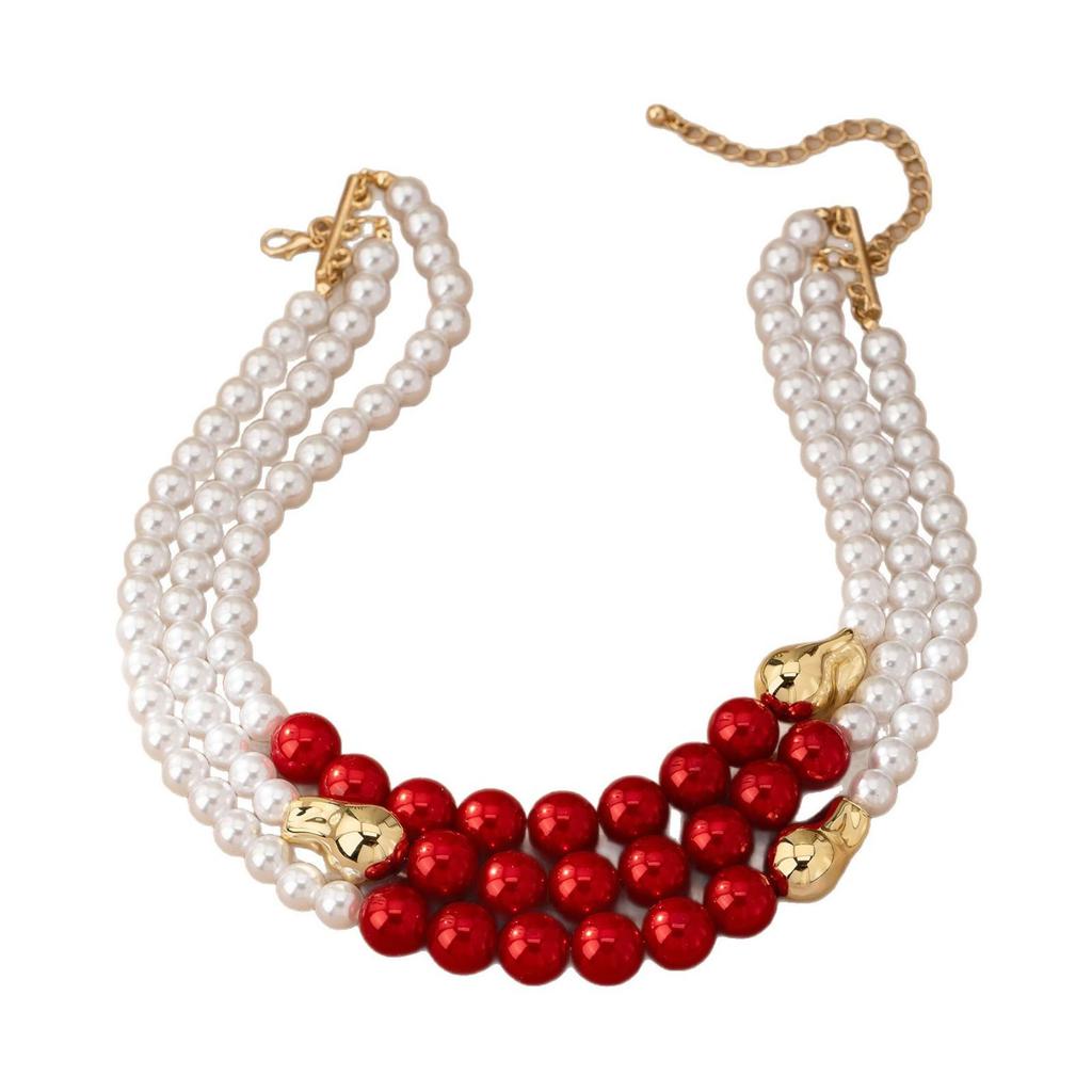 Trendiges rotes mehrschichtiges Kunstperlen-Halsband für Damen Streetwear-Party-Kleidung