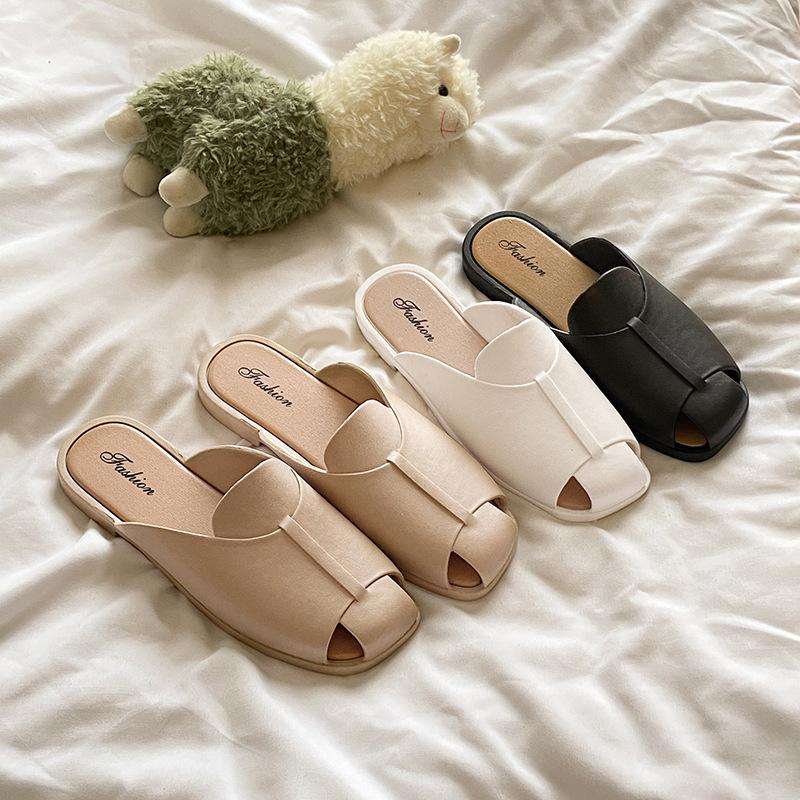 New open-toe solid color half-drag summer women's cool slippers fashion half-pack women's shoes flat slippers outside women's wear
