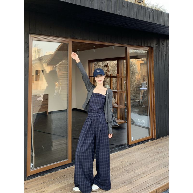 Kumikumi Pure Desire Style Temperament Long Sleeve Cardigan Underwear Spaghetti-Strap Slip Women's Autumn Lattice Loose Pants Three-Piece Set