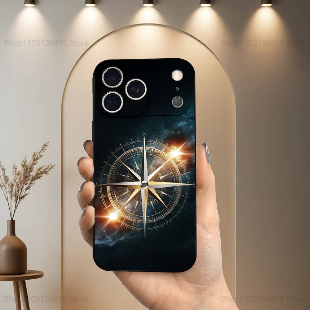 Art Navigation Compass For iPhone 13,17,11,12,16,14,15,Plus,Pro Max,XS,X,XR,SE,Mini,8,7,Soft Silicone Black Phone Case