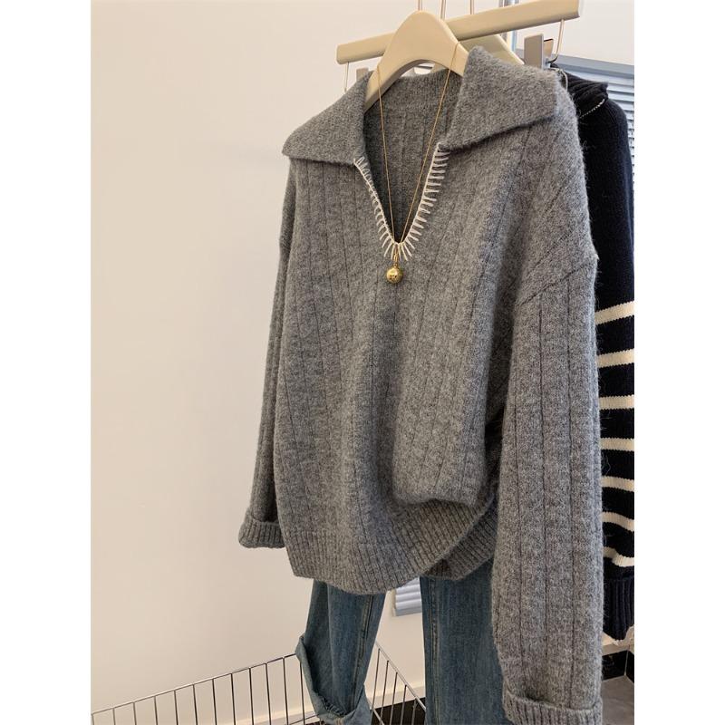 

Angry push~ grey knitted top women s autumn and winter new lazy style retro lapel loose outer sweater XL сірий колір