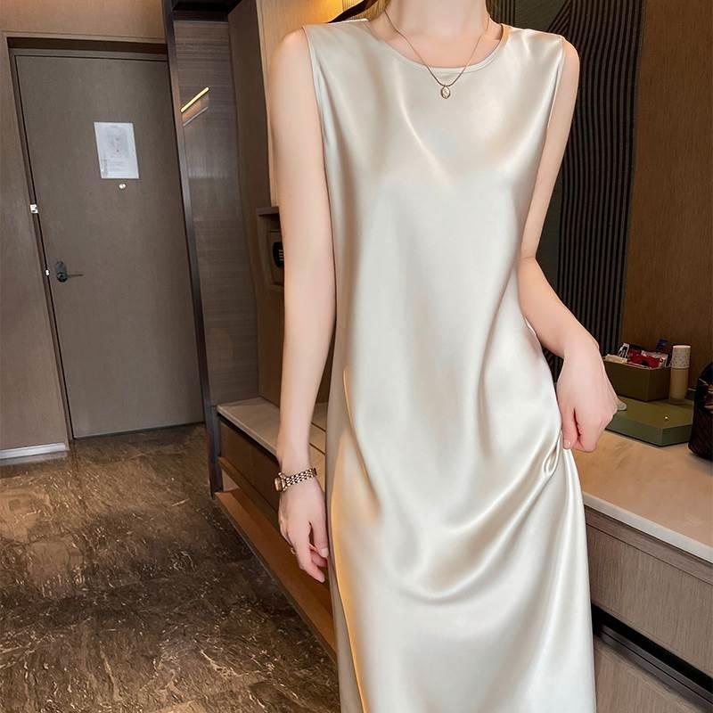 High-end Round Neck Silk Suspender Dress Women's Spring and Summer Acetic Acid Satin Medium and Long Dress with Silk Sleeveless Temperament