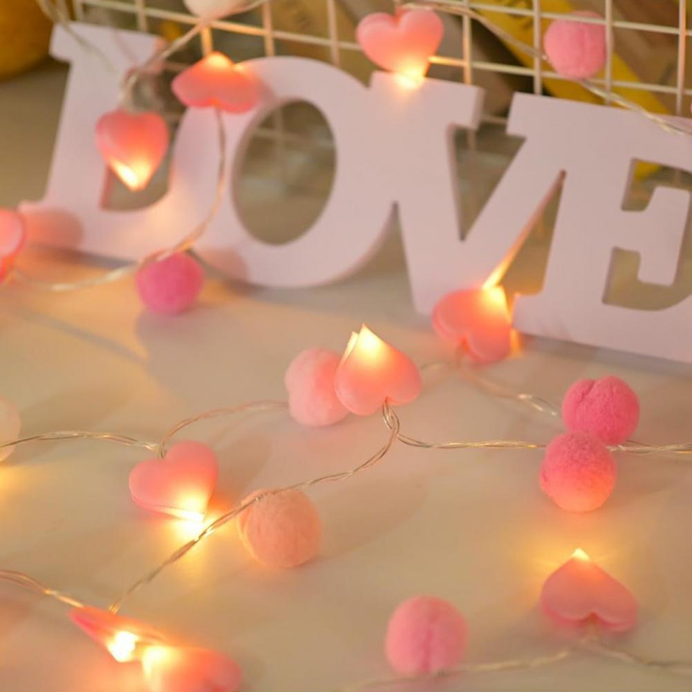 Valentine Day String Lights Heart-shaped Led Lights Led Pom Poms Fairy String Lights with 20 Pink Heart Leds Battery for Wedding