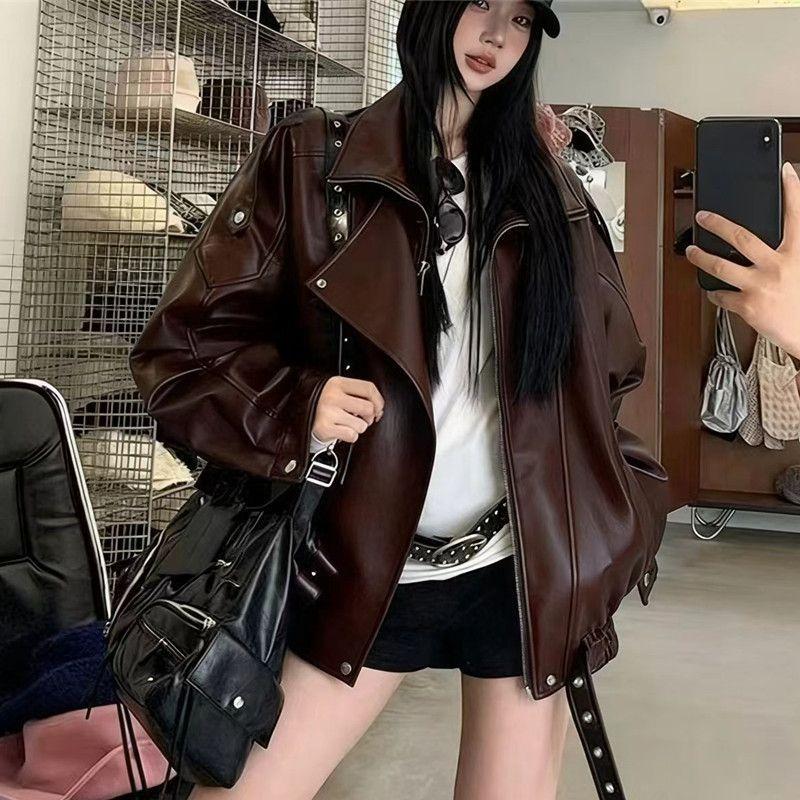 Amerikanischer Stil Mode Vintage Biker Lederjacke für Damen Herbst Lockerer Schnitt Vielseitig Trendig Lässige Oberbekleidung