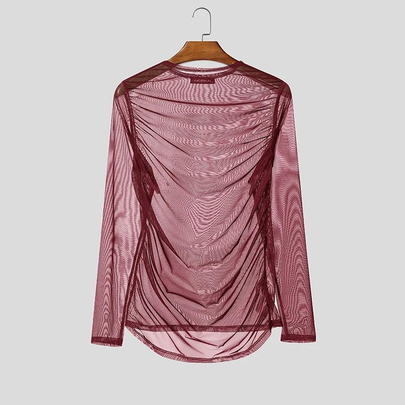 Men T Shirt Mesh Transparent Sexy O-neck Long Sleeve Tee Tops Men Streetwear Camisetas Pleated 2026 Party Men Clothing