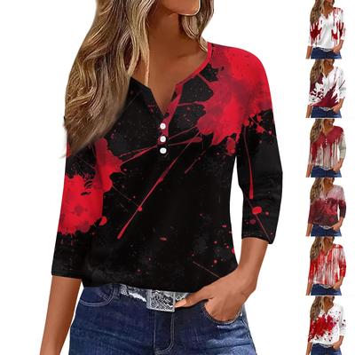 Dames Casual Mode V-hals Los Veelzijdig Halloween Print Driekwartmouw Top