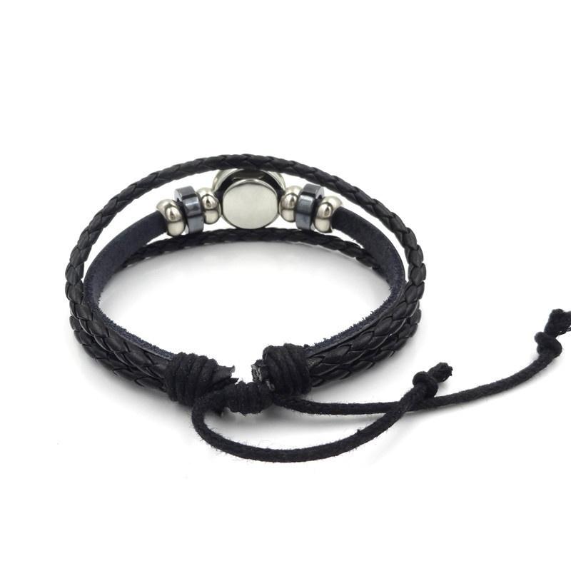 Black Leather Bracelet Wolf Head Glass Metal Buckle Punk Jewelry Weave Multilayer Bracelet Charm Wo