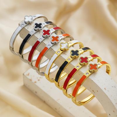 Pulseira de Zircônia da Moda para Mulheres, Pulseira de Trevo de Quatro Folhas de Esmalte Gota de Cola de Alta Qualidade