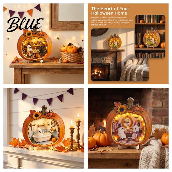 Handmade Wooden Halloween Art Ghost Pumpkin Tabletop Sign House with Mini Tiered Stacked Crafts Scene Fall Harvest Desktop Ornament for Home Office