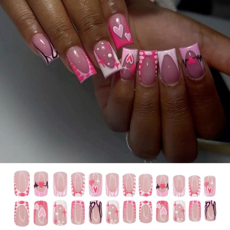 Stylish Pink Heart Press on Nail Medium Square False Nail Acrylic Stick on Nail for Enhancing Valentine's Day Charm