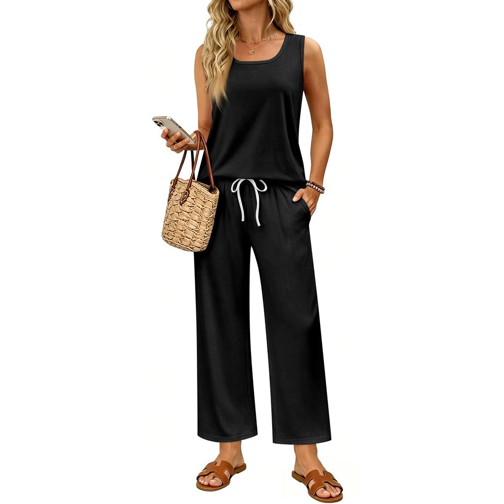 Women Sleeveless Tank Top and Wide Leg Pants Two Piece Set Casual Loose Fit Lounge Wear Suitable for Travel Vacation and Home Relaxation