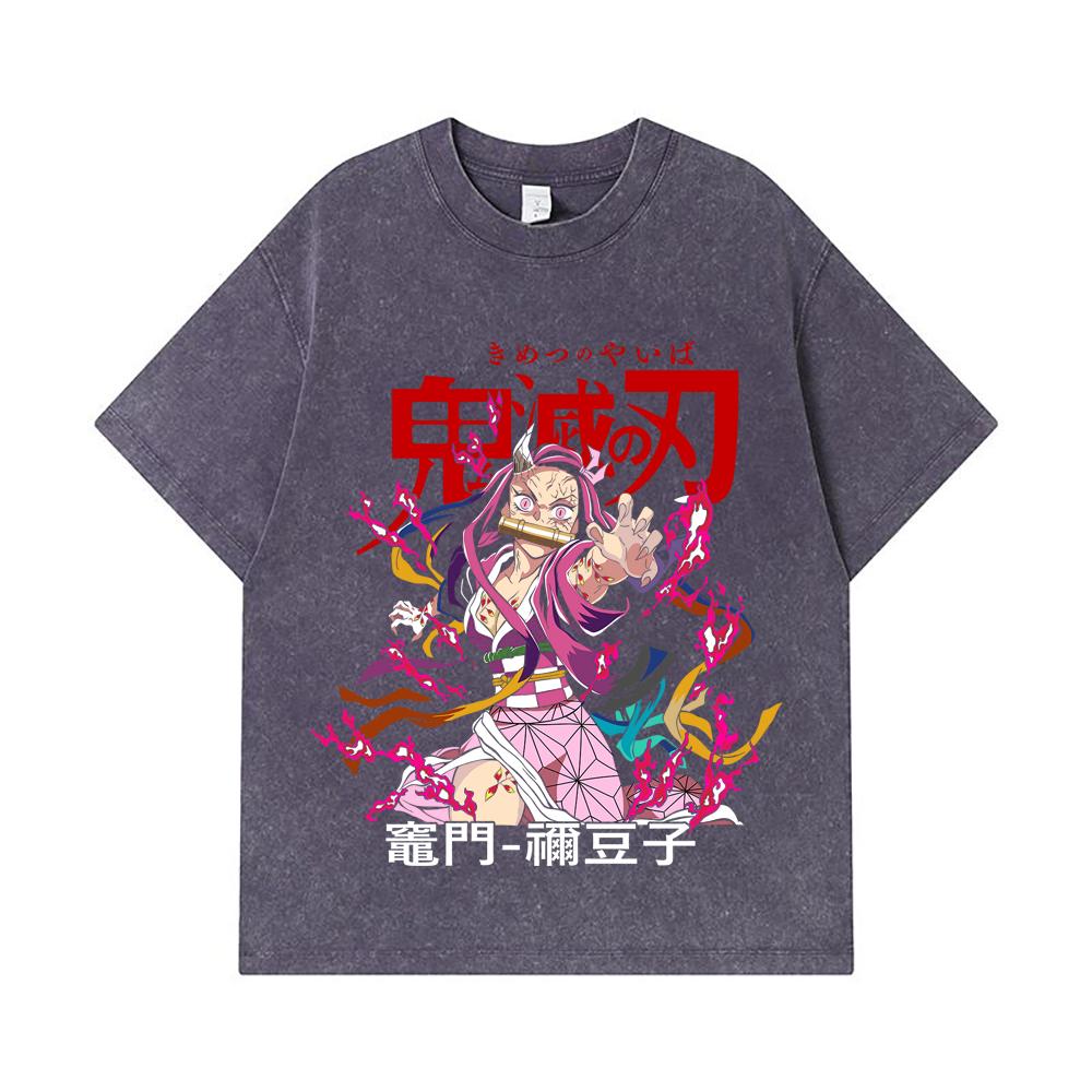 275 GSM Washed T-shirts 100% Cotton Demon Slayer V72 Nezuko Print Unisex Heavy Cotton T Shirt