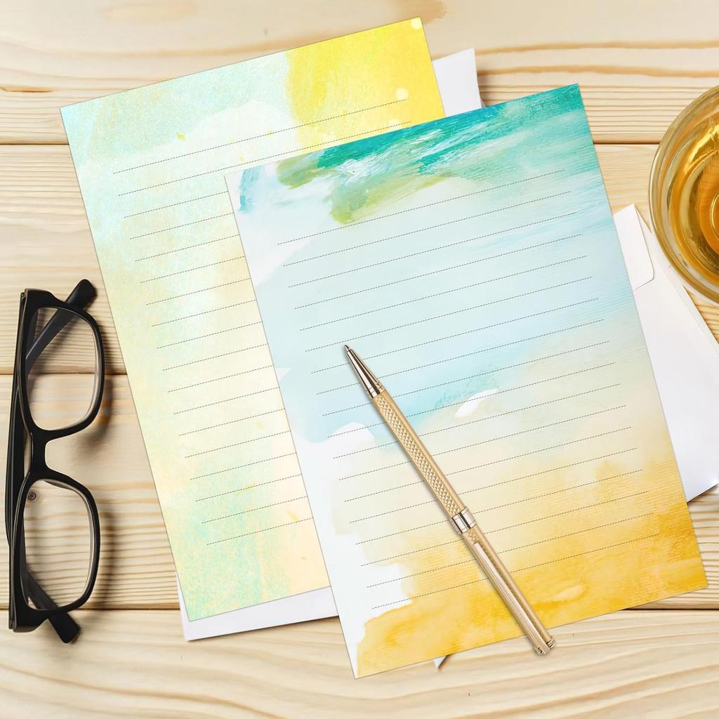 Watercolor Stationary Paper and Envelopes Set, 24 PCS Colorful Writing Stationery Paper with 12 PCS Envelopes,Pretty Watercolor Styles Stationery