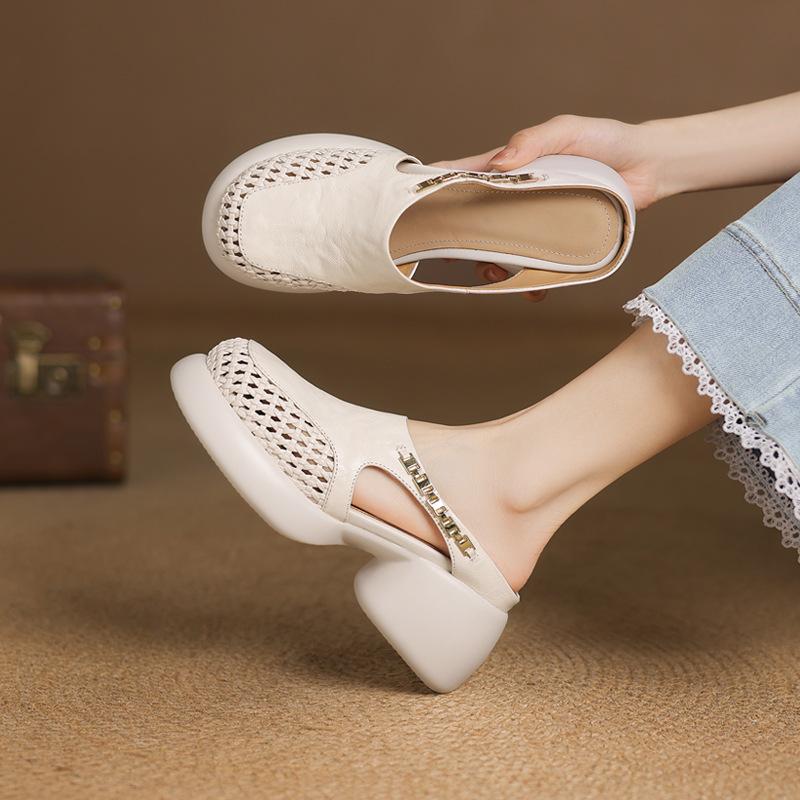 

Stepping on shit feeling Baotou thick-soled sandals women s leather hollow half-mop 2025 new summer woven mesh high-heeled slippers 40