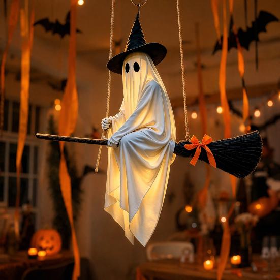 Halloween Hanging Ghost Outdoor Decoration Spooky LED Light Up Witch Ghost On Broom for Home