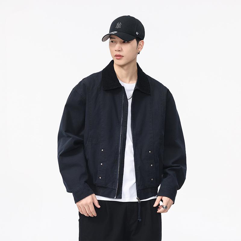 

Premium Retro Barn-Style Heavyweight Men s Jacket, 290g, Solid Color, Patchwork, for Autumn/Winter 2XL for 155-175 lbs темно-синього кольору