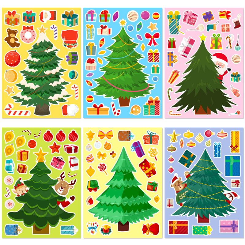 6 Sheets/Set Cartoon Christmas Theme Make a Face Stickers Children's Handmade DIY Sticker Puzzle for Gifts Packaging Decoration