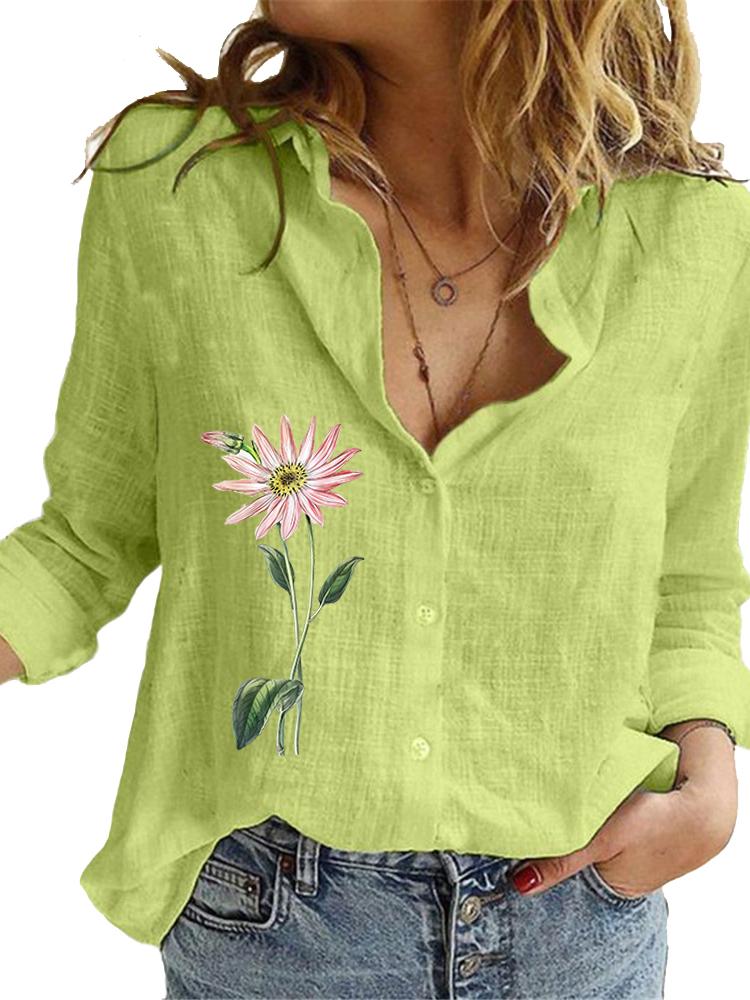 Dámská módní košile s květinovým potiskem Jaro&léto Volný top Dámská ležérní bavlněná lněná halenka