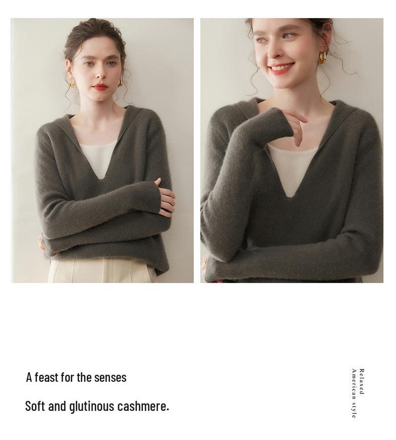 Autumn Winter Cashmere Color Block Hooded Sweater - Women's Two-Piece Style