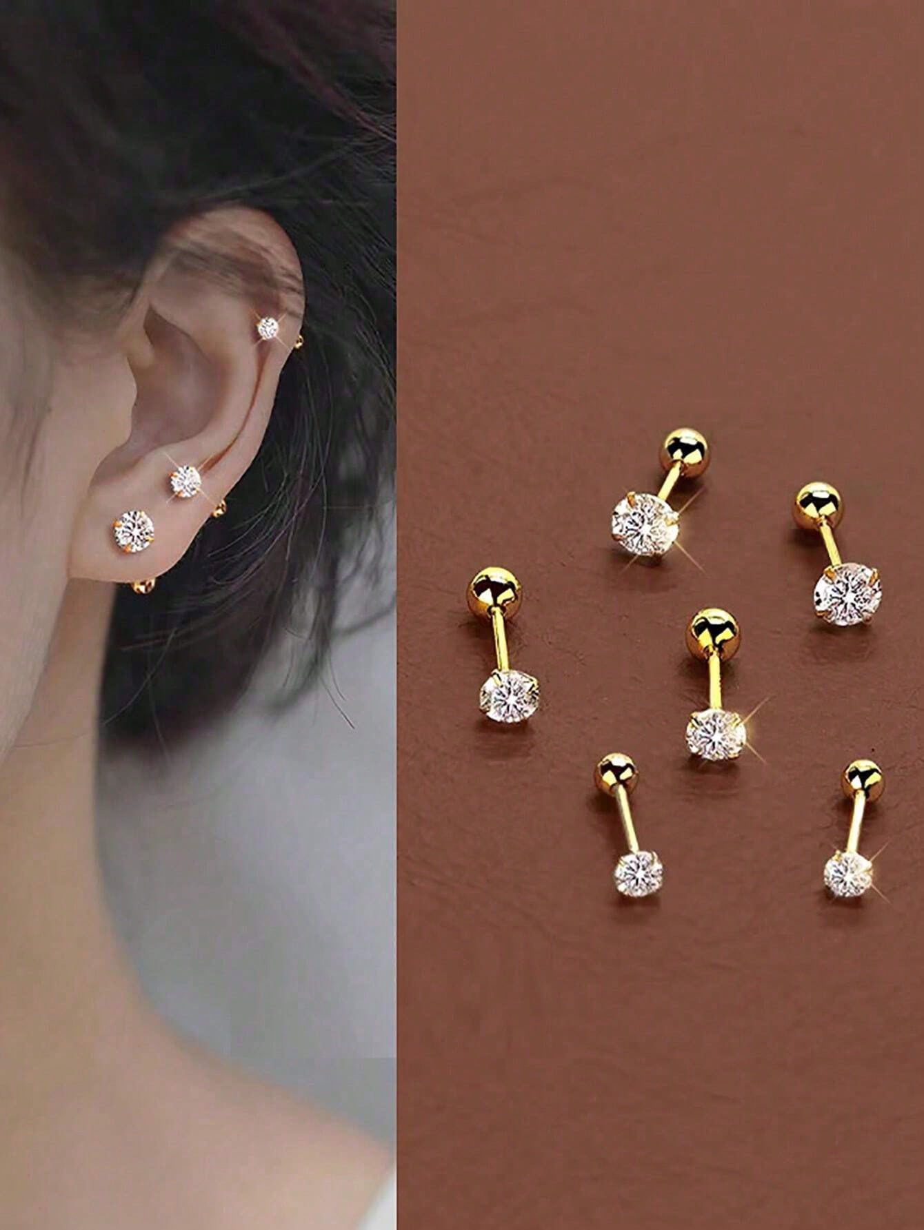 6 ks/Sada Elegantní Minimalistické Dámské Náušnice, Titanová Ocel s Vloženým Umělým Zirkonem, Lesklé a Pohodlné Pro Propíchnuté Uši 6-piece Set zlatá