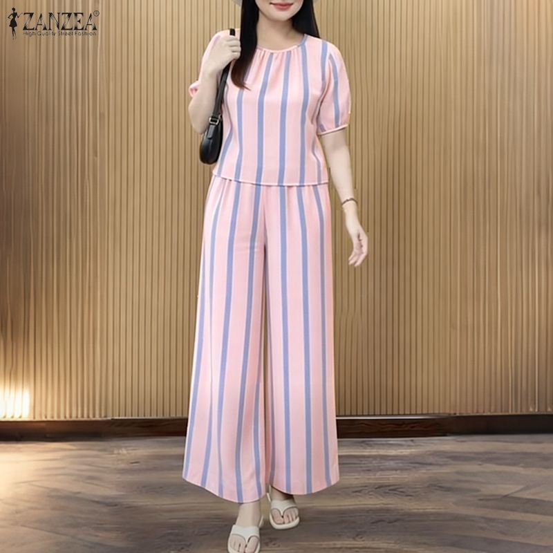 ZANZEA Women Short Sleeve Blouse and Pants Casual Stripe Print Two Piece Suit Sets