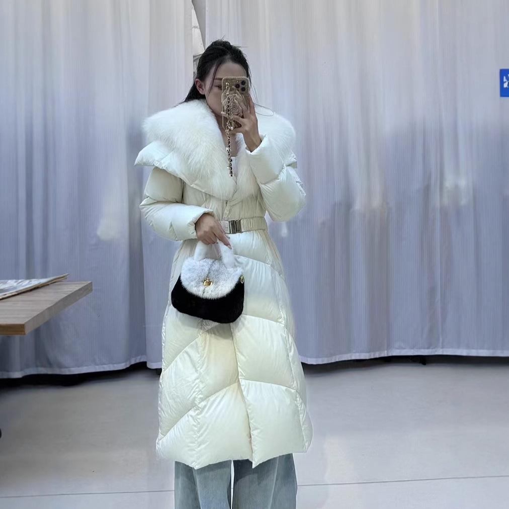 2024 winter new real fox fur collar 90 white goose down long down jacket waist thin foreign coat women