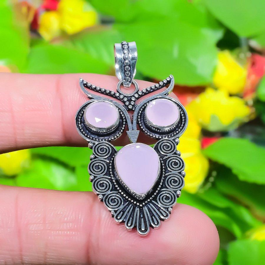 Owl- Pink Chalcedony Gemstone Handmade 925 Sterling Silver Pendant 1.97" r6E31