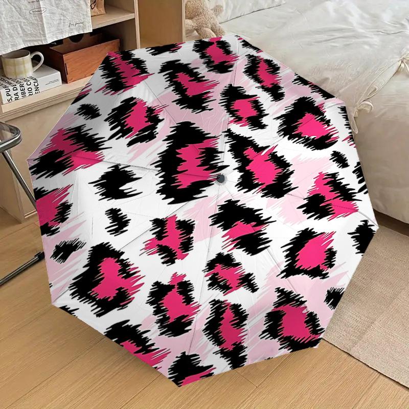 1PC Leopard Print Pink Umbrella-8-Rib Reinforced, Automatic Open, Lightweight & Durable, Cute Fashion Accessory for Outdoor-A1310