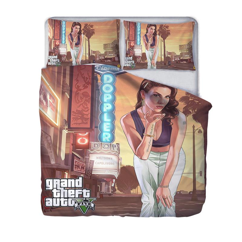 Set de lenjerie de pat 3D Grand Theft Auto, jocuri populare, personaje imprimate, seturi de pilotă, fețe de pernă, lenjerie de pat, dimensiunea Queen King