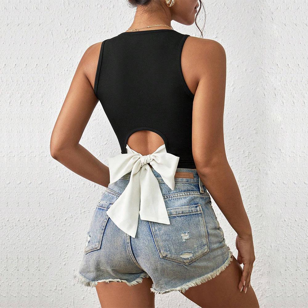 Black Sleeveless Halter Top Women's Summer Back Bow Strap Sexy Slim Vest Big Halter Top