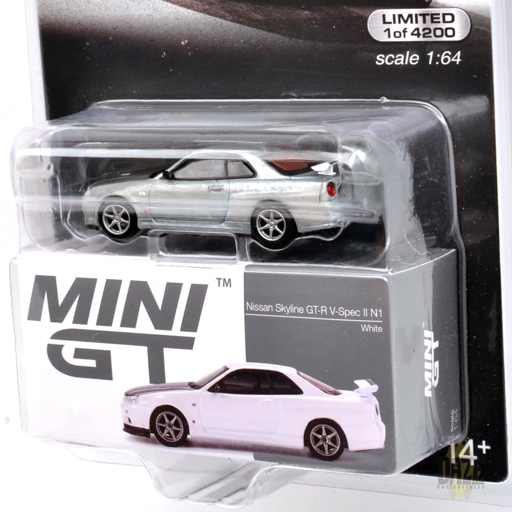 MINI GT Scale USA MiJo Toys Exclusive R34 II N1 Chase Car Drive 164 GT-R V-Spec (White) Right-hand
