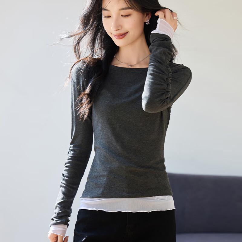 VICTORIA&VERA Women's Pleated Faux Two-Piece Long Sleeve Top