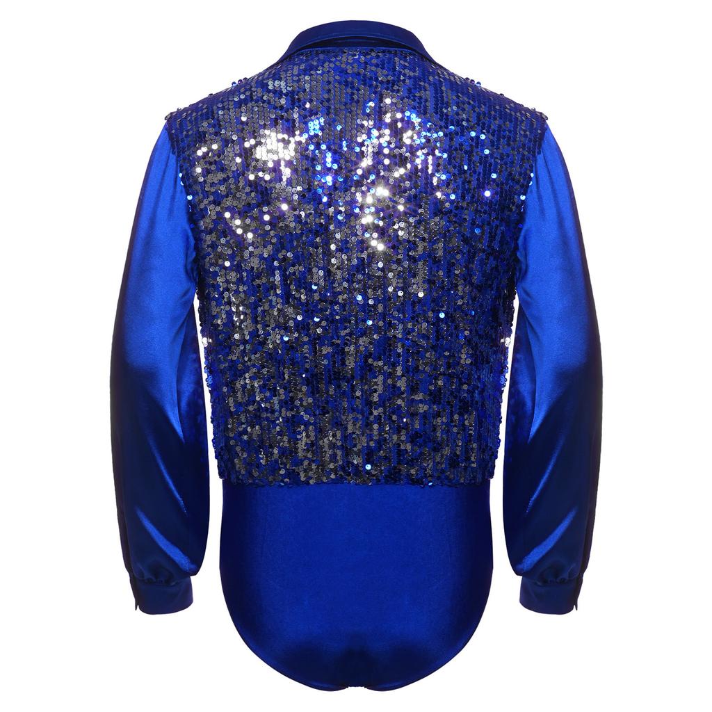 S-XXL Bodysuit de Dança Latina Ballet Masculino Bodice Brilhante com Lantejoulas Decote V Cetim Mangas Longas Entrepernas com Botões Collant para Treinamento Palco
