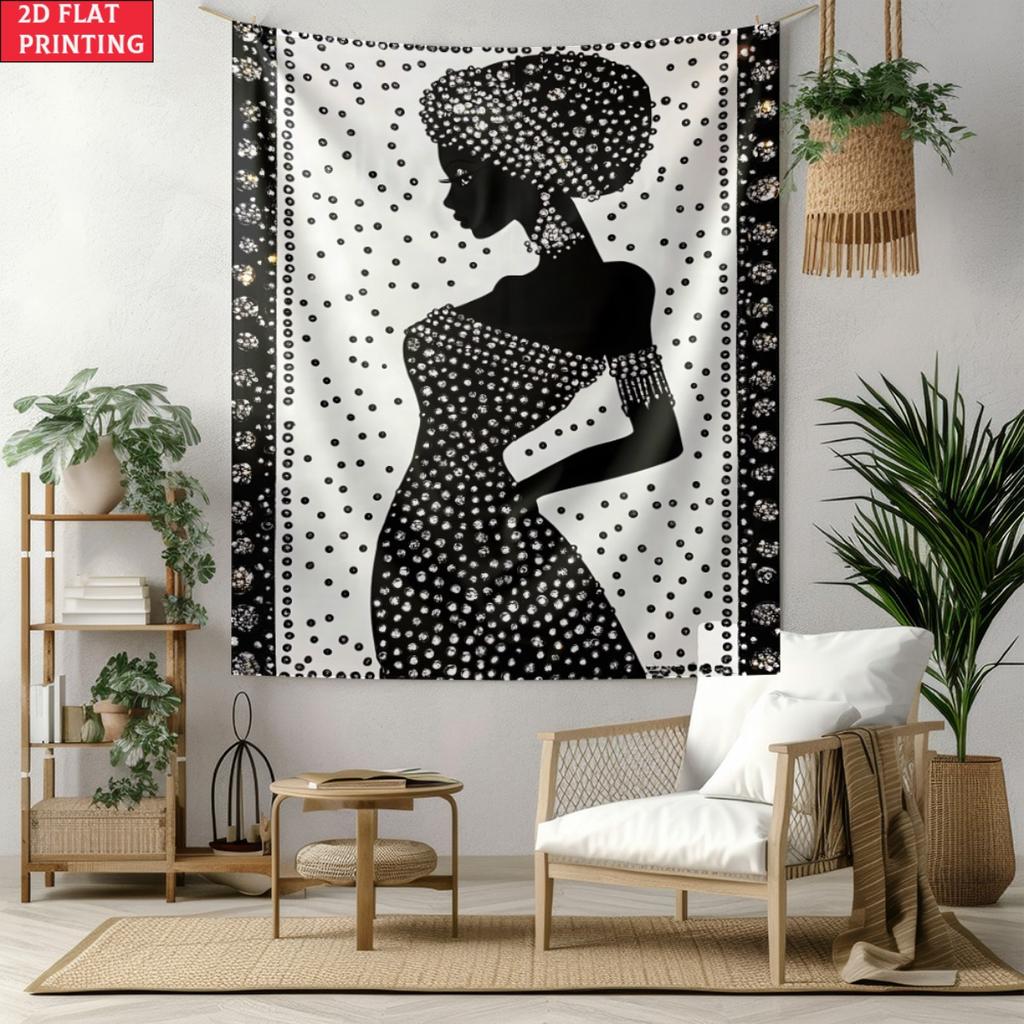 Black And White African Woman Silhouette Wall Tapestry Modern Art Decor 2D Flat Printing