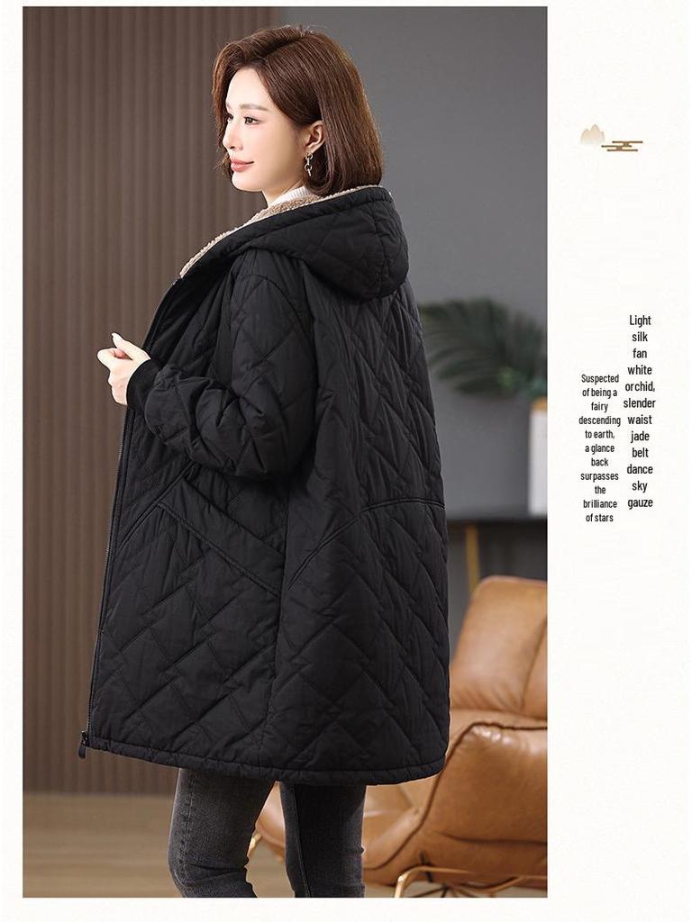 Mid-Length Women's Fleece-Lined Cotton Jacket: 2024 Retro Casual, Loose, Warm, and Thickened Winter Coat.