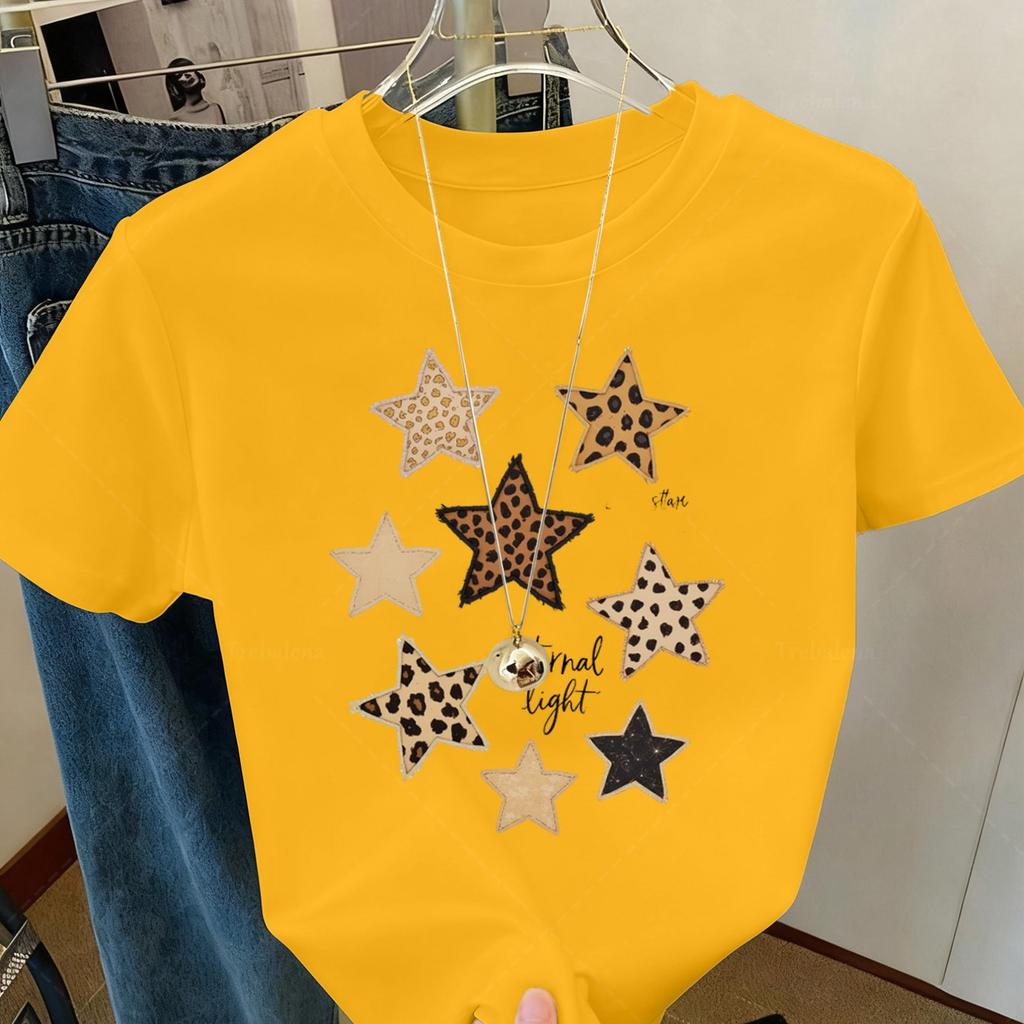 Leopard Star Printed Women's T-shirt, this casual summer top is a round neck short-sleeved patterned T-shirt