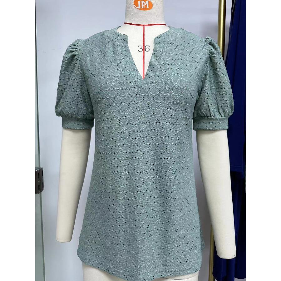 Spring Summer Short Sleeve Blouses Solid V-neck Bubble Sleeve Loose Top for Women
