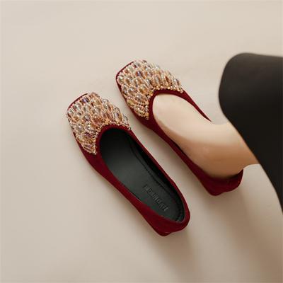 Damenschuhe mit niedrigem Absatz, eckiger Zehenbereich, flacher Ausschnitt, Strass-Einzel-Schuhe, Mode Frühling, dicker Absatz, Übergröße für Damen, Hochzeitsschuhe