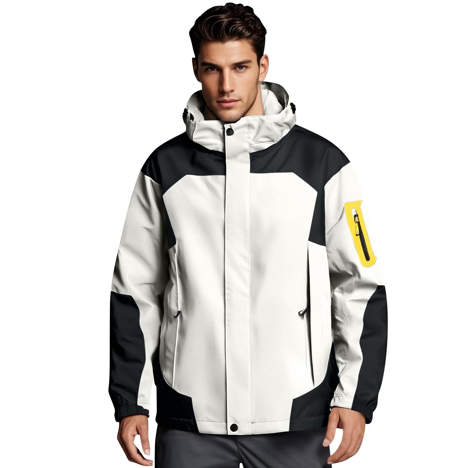 Men Solid Stripe Rain Jacket Outdoor Plus Waterproof Hooded Raincoat Windproof L хаки