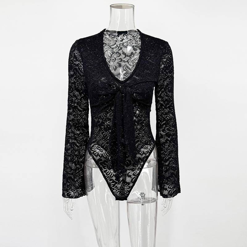 Black Sexy V-neck Lace Bodysuit Women Tops 2026 Summer Long Sleeve See Through Slim Rompers Jumpsuit Lace Up Sheer Lace Bodysuits