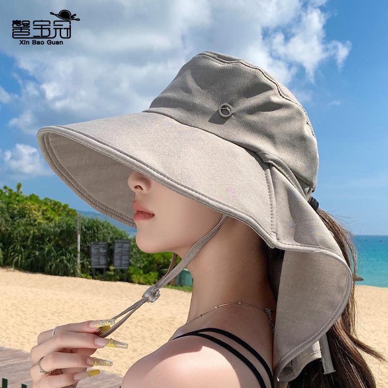 Vielseitiger Hut für Frühling und Sommer mit Zopfloch, Damen Outdoor-Sonnenschutz Visor-Hut mit breiter Krempe, Schal zum Nackenschutz, Fischerhut