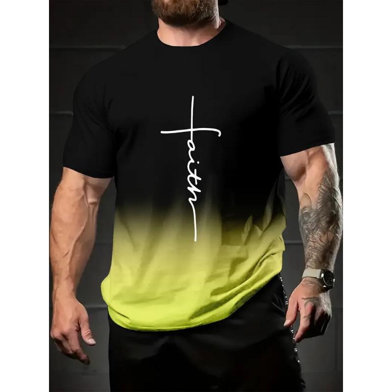 Summer Round Neck 3D Gradient letters Print Top Fashionable Casual Short Sleeved Men's T-shirts