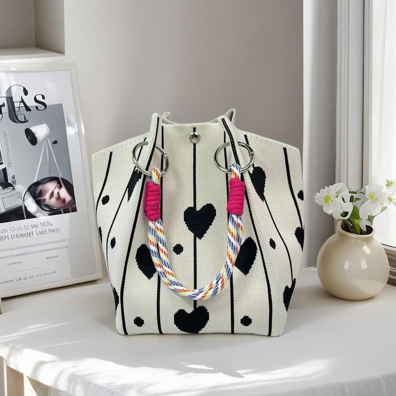 New Leopard Star Knitted Tote Bag for Women Large Capacity Bucket Bag Versatile Handbag for Commute Work and Daily Use