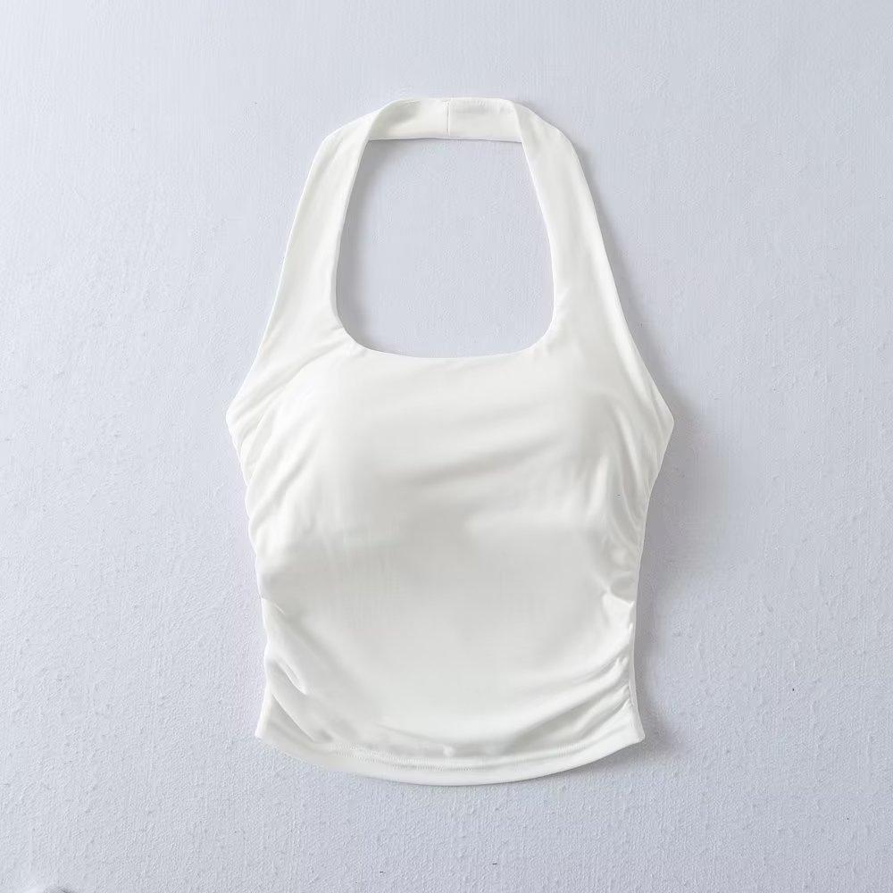 

Стильный женский укороченный топ-майка халтер с подкладкой YPFF - Без спины, со сборками, слим-фит One Size белый